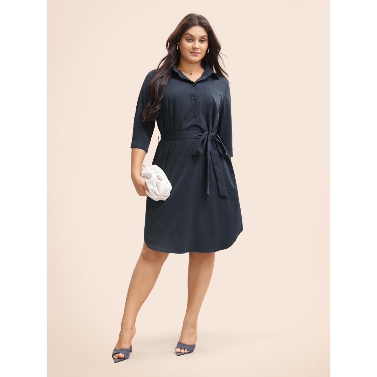 Plus Size Shirt Collar Belted Arc Hem Dress DarkBlue Women At the Office Belted Shirt collar Elbow-length sleeve Curvy BloomChic 18-20/2X Product Image