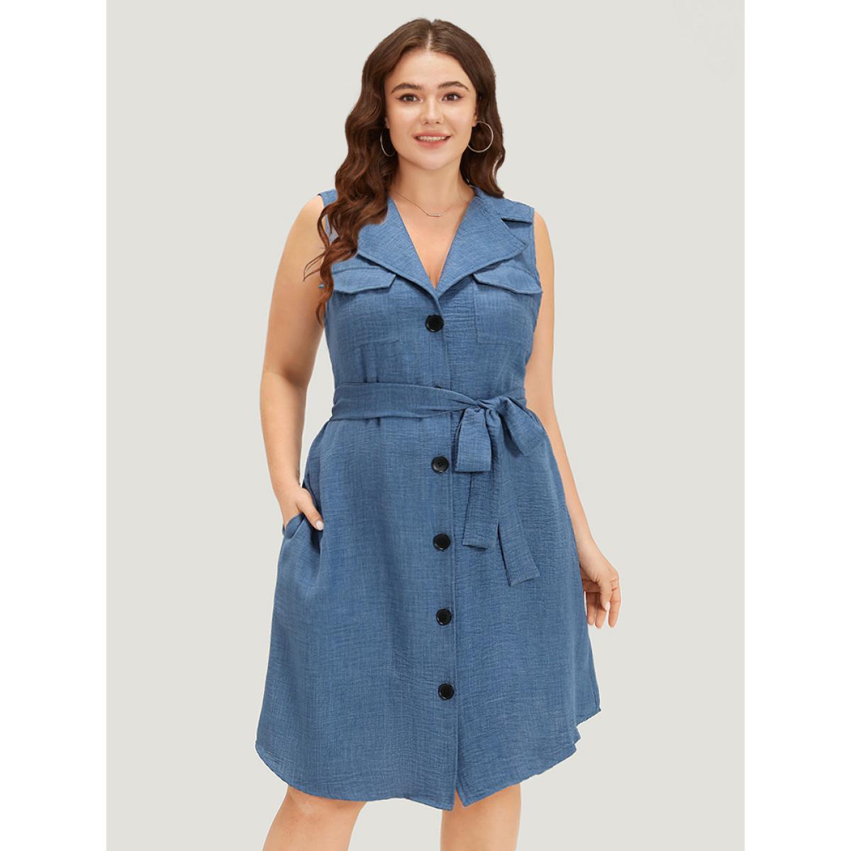 Plus Size Suit Collar Belted Pocket Button Through Sleeveless Dress Blue Women Elegant Belted Suit Collar Sleeveless Curvy Knee Dress BloomChic 18-20/2X Product Image