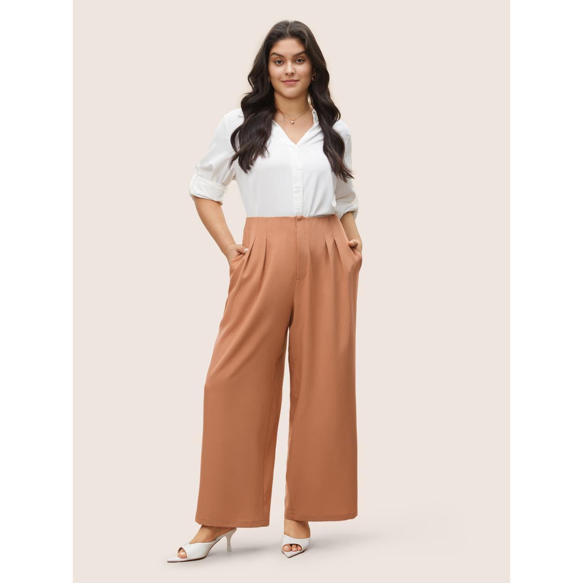 Plus Size Plain Zipper Fly Pleated Wide Leg Pants Women Coral Casual Wide Leg High Rise Everyday Pants BloomChic 18-20/2X Product Image
