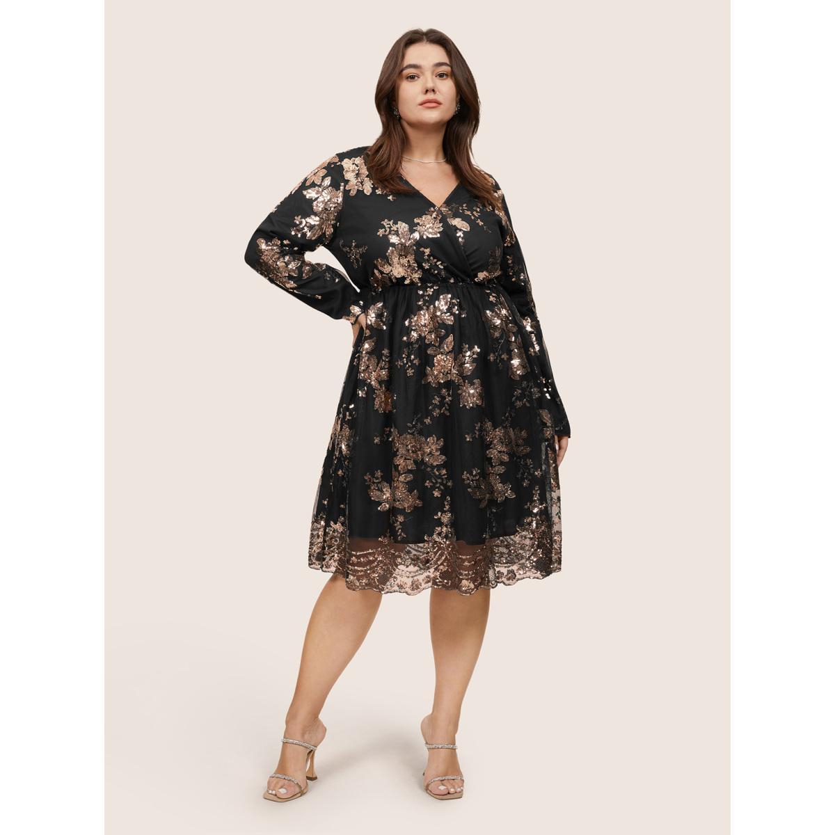 Plus Size Floral Sequin Elastic Waist Mesh Wrap Dress Black Women Party Sequin Overlap Collar Long Sleeve Curvy Midi Dress BloomChic 30/6X Product Image