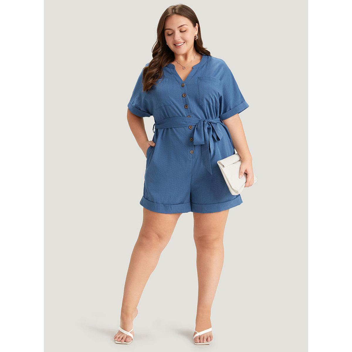 Plus Size Stone Anti-Wrinkle Solid Patched Pocket Notched Button Up Belt Romper Women Office Short sleeve Notched collar Work Loose Jumpsuits BloomChic 12/L Product Image