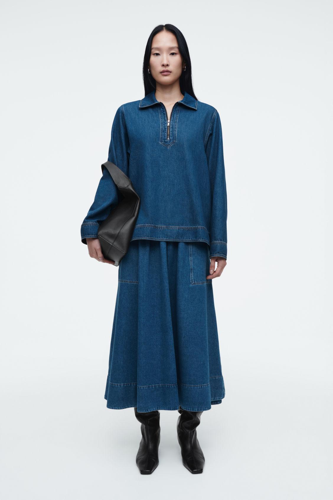 DENIM HALF-ZIP BLOUSE Product Image