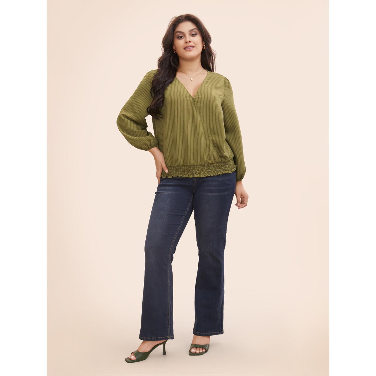 Plus Size ArmyGreen Striped Textured Overlap Collar Shirred Blouse Women Elegant Long Sleeve Overlap Collar Everyday Blouses BloomChic 10/M Product Image