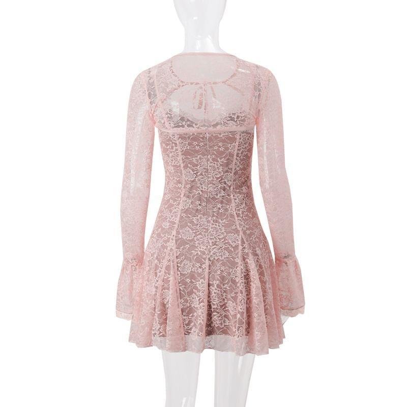Set: Long-Sleeve Shrug + Spaghetti Strap Lace Mini A-Line Dress Product Image