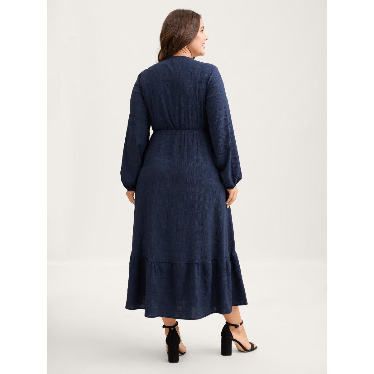 Plus Size Solid Shirred Plisse Flutter Hem Dress DarkBlue Women Elegant Elastic cuffs V-neck Long Sleeve Curvy Midi Dress BloomChic 12/L Product Image