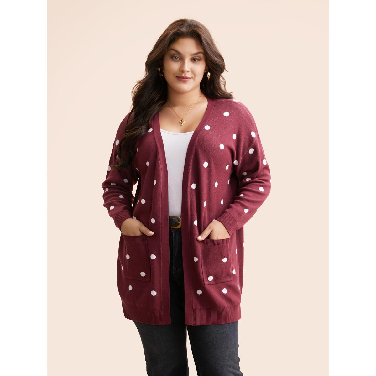 Plus Size Polka Dot Kimono Collar Patch Pocket Cardigan Scarlet Women Casual Loose Long Sleeve Everyday Cardigans BloomChic 18-20/2X Product Image