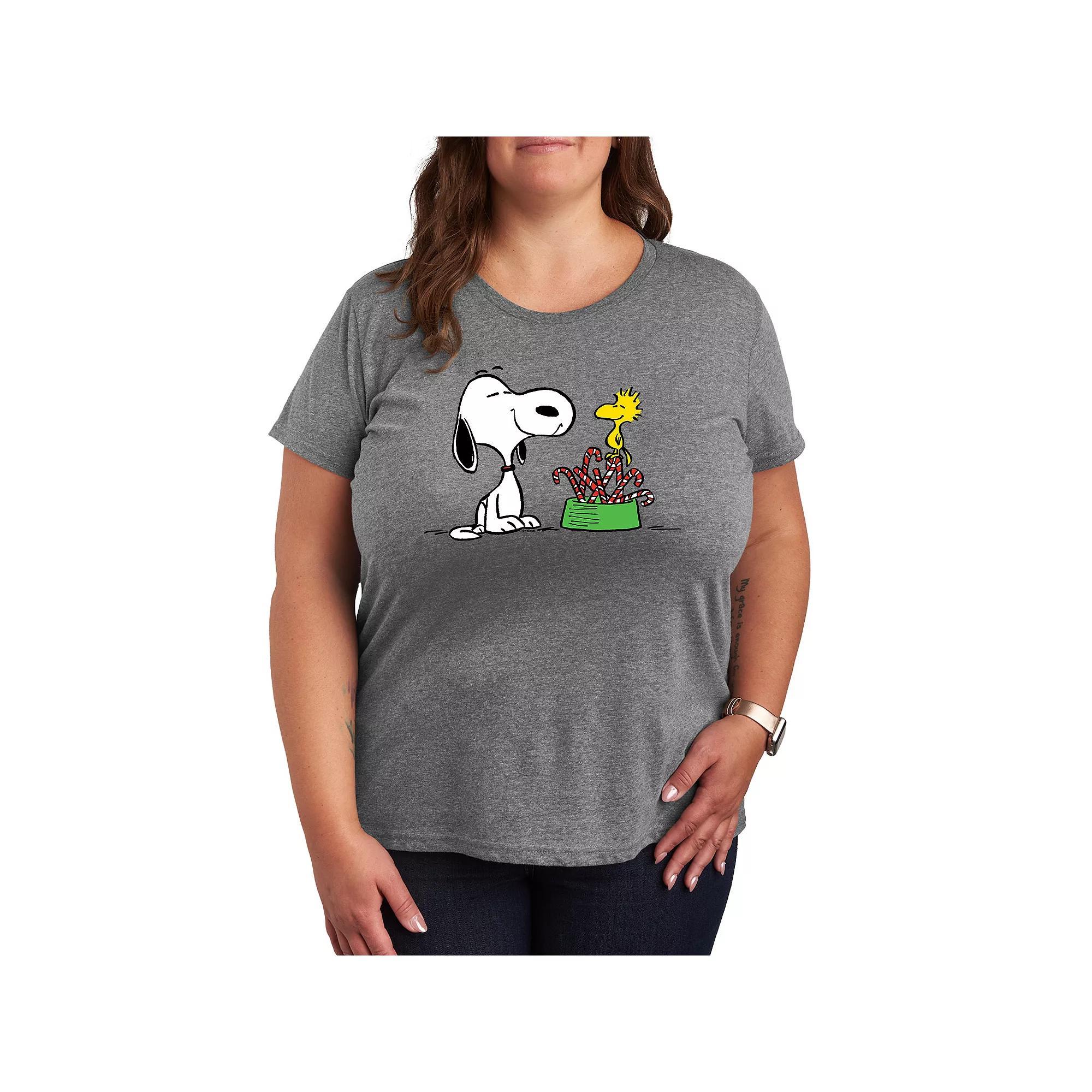 Plus Size Peanuts Snoopy & Woodstock Candy Canes Graphic Tee, Womens Grey Gray Product Image