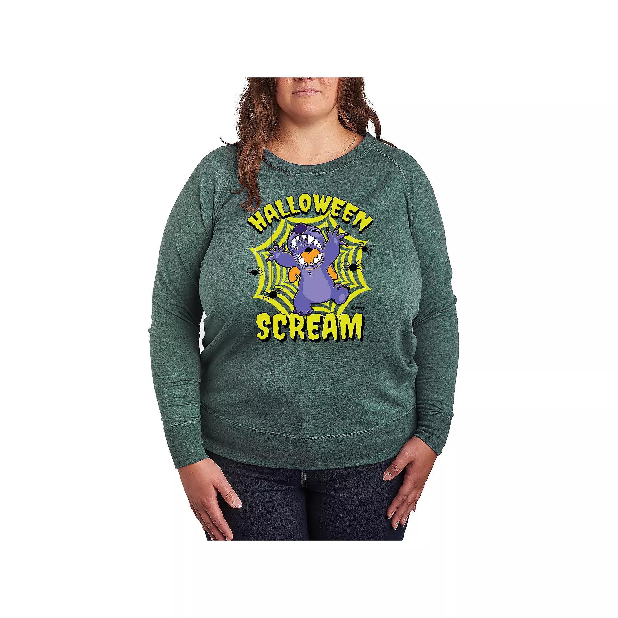 Disneys Lilo & Stitch Plus Size Halloween Scream French Terry Long Sleeve Tee, Womens Grey Green Product Image
