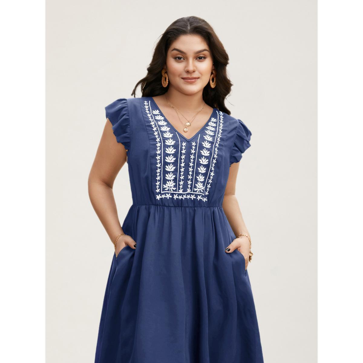 Plus Size Floral Embroidered V Neck Ruffle Cap Sleeve Dress Mediumblue Women Resort Embroidered V-neck Cap Sleeve Curvy BloomChic 12/L Product Image