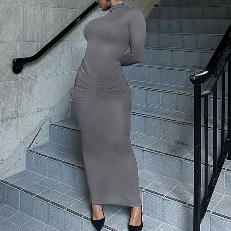 Long Sleeve Mock Neck Plain Ruched Maxi Bodycon Dress Product Image