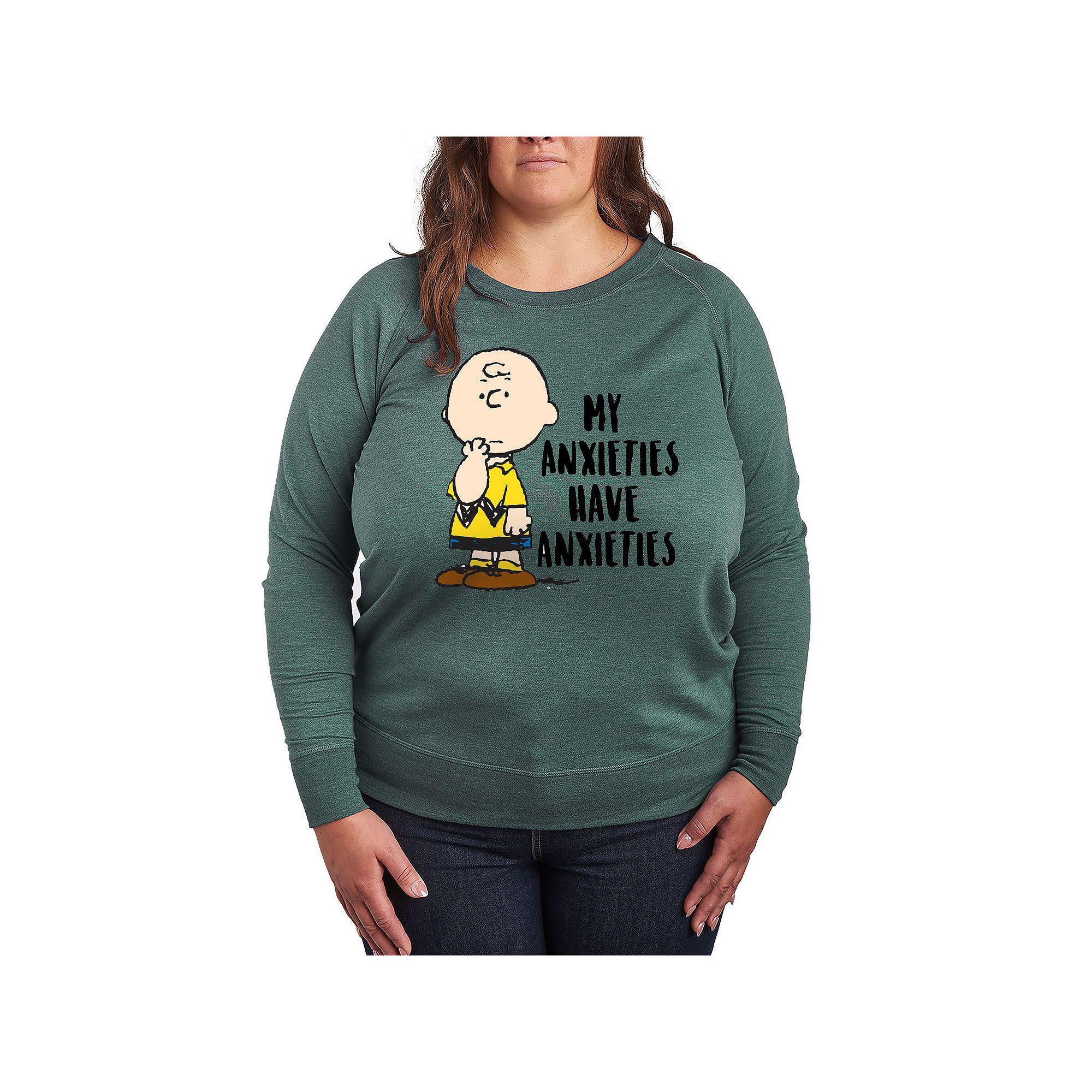 Plus Size Peanuts Charlie Brown Anxieties French Terry Long Sleeve Tee, Womens Grey Green Product Image
