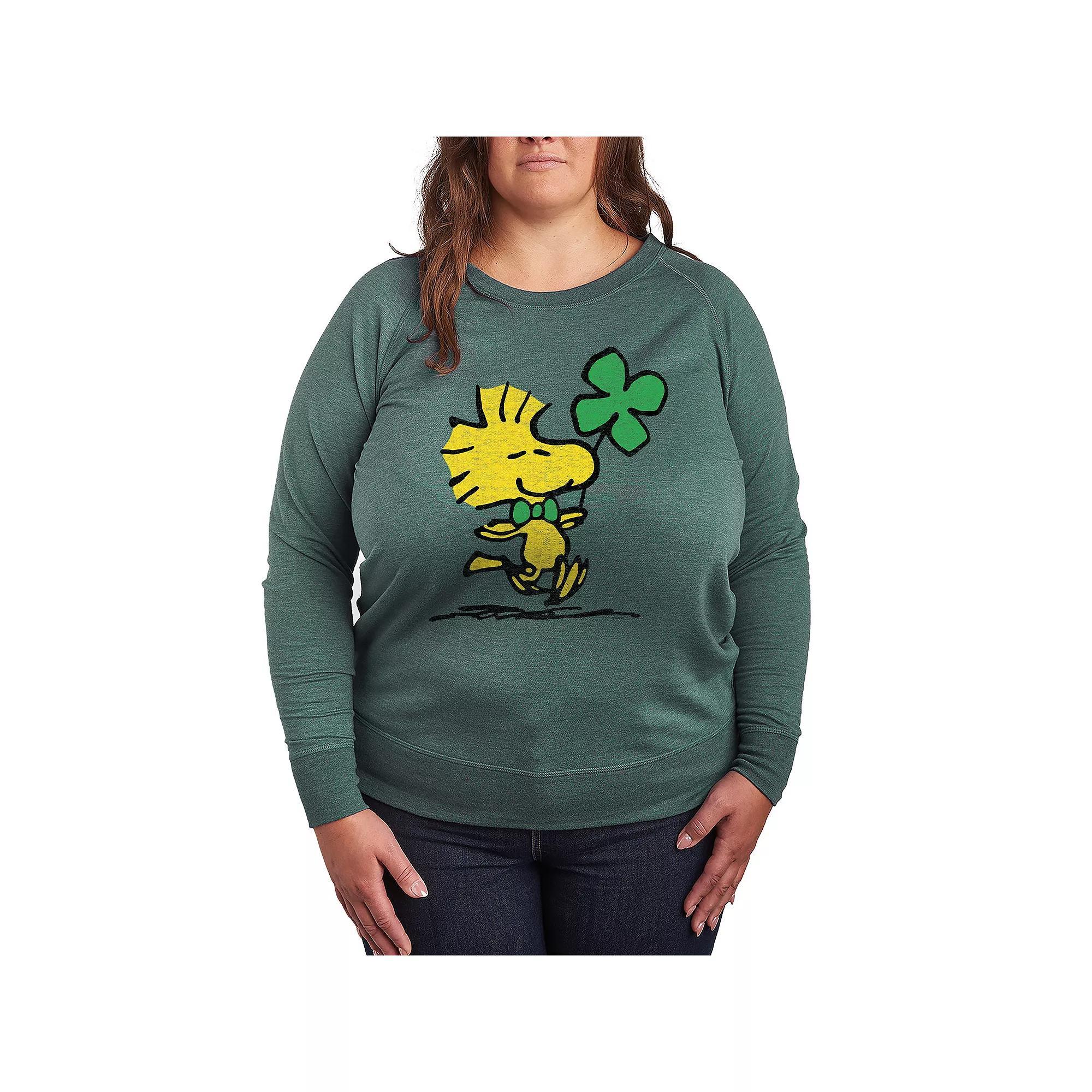 Plus Size Peanuts Woodstock Clover French Terry Long Sleeve Tee, Womens Grey Green Product Image