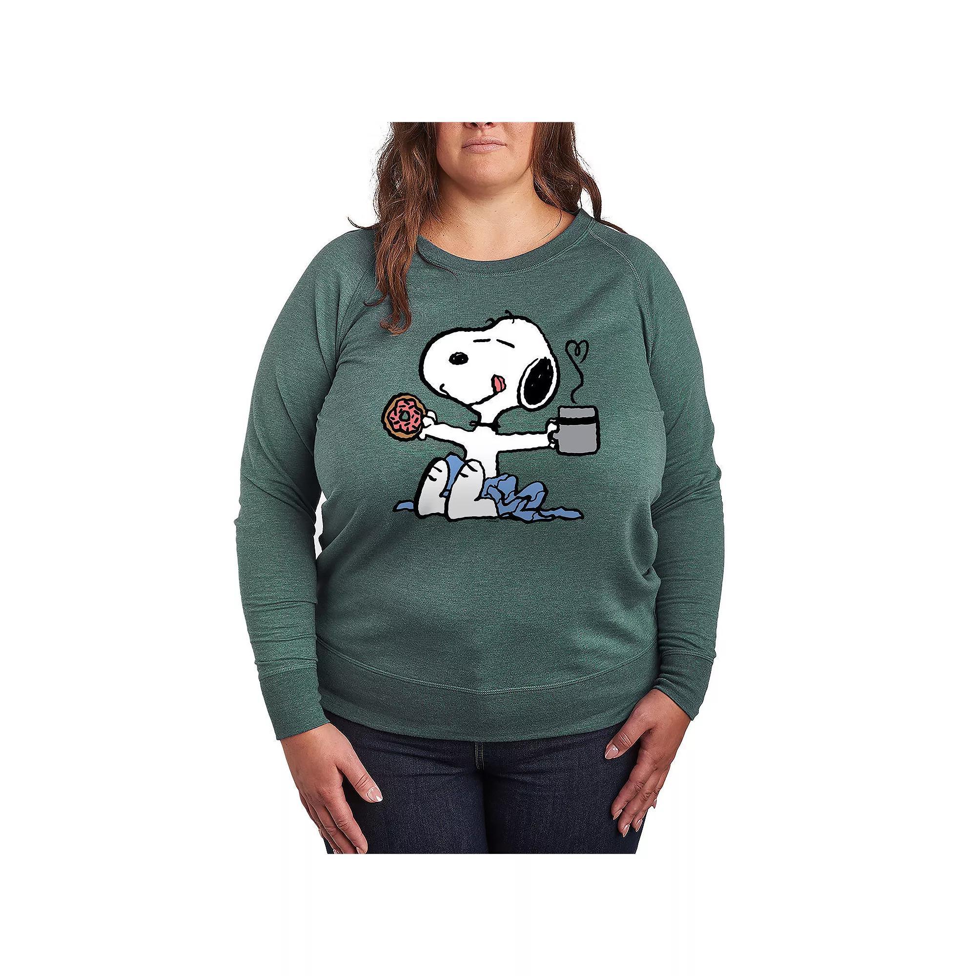 Plus Size Peanuts Snoopy Donut And Coffee French Terry Long Sleeve Tee, Womens Grey Green Product Image