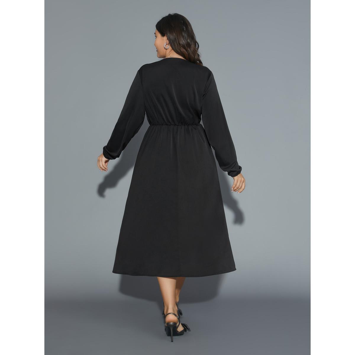 Plus Size Plain Overlap Collar Ruffle Trim Dress Black Women Elegant Overlapping Overlap Collar Long Sleeve Curvy BloomChic 22-24/3X Product Image