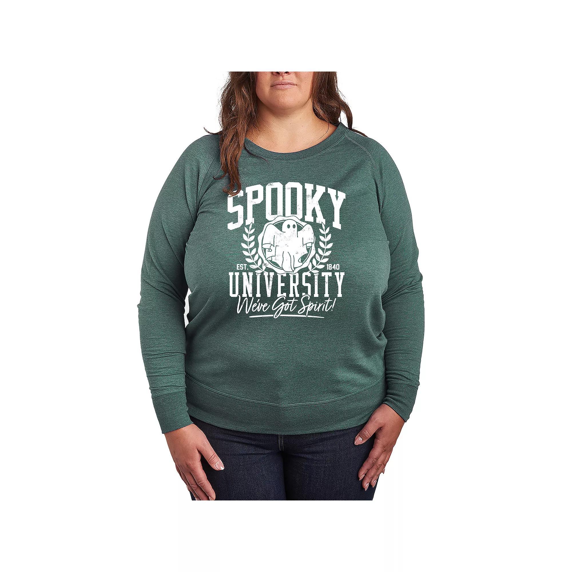 Plus Size Spooky University French Terry Long Sleeve Tee, Womens Grey Green Product Image