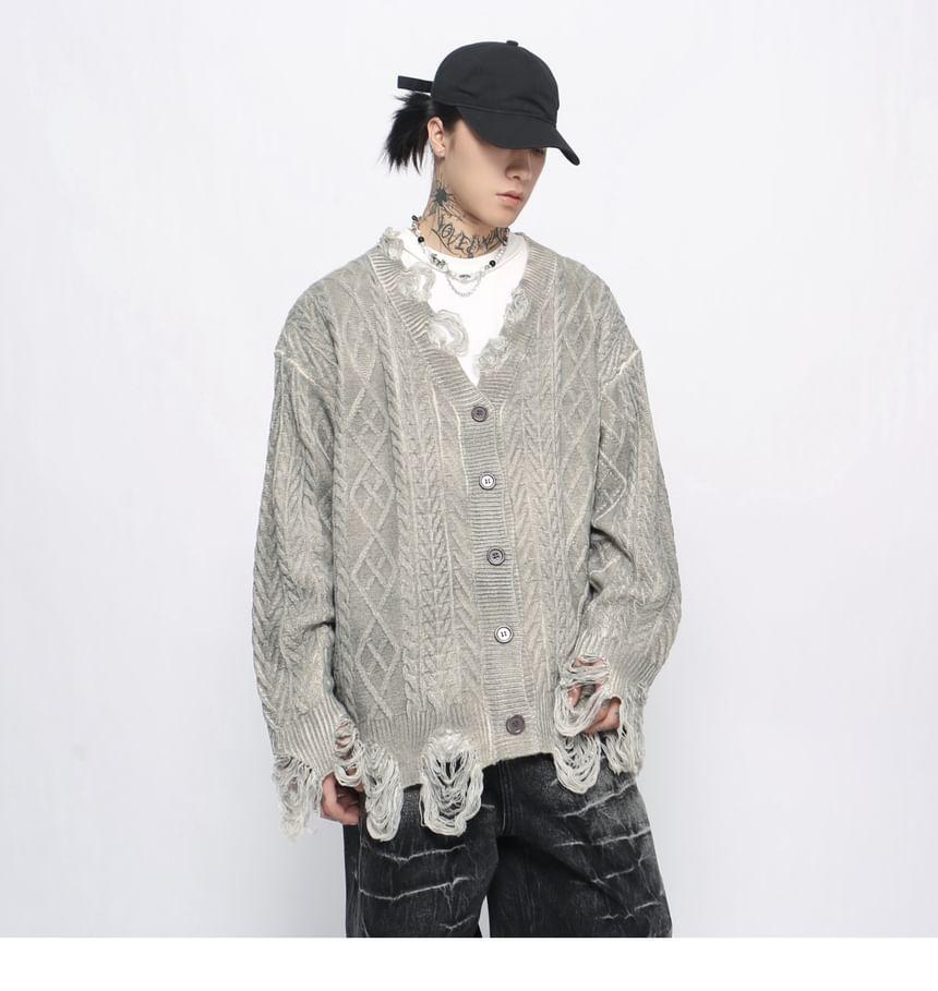 V-Neck Plain Distressed Cable-Knit Cardigan Product Image
