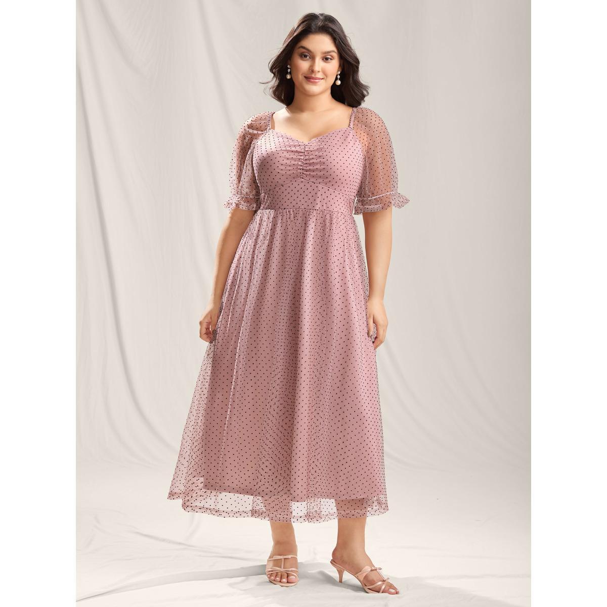 Plus Size Polka Dot Print Ruched Textured Midi Dress DustyPink Women Heart neckline Short sleeve Curvy BloomChic 12/L Product Image