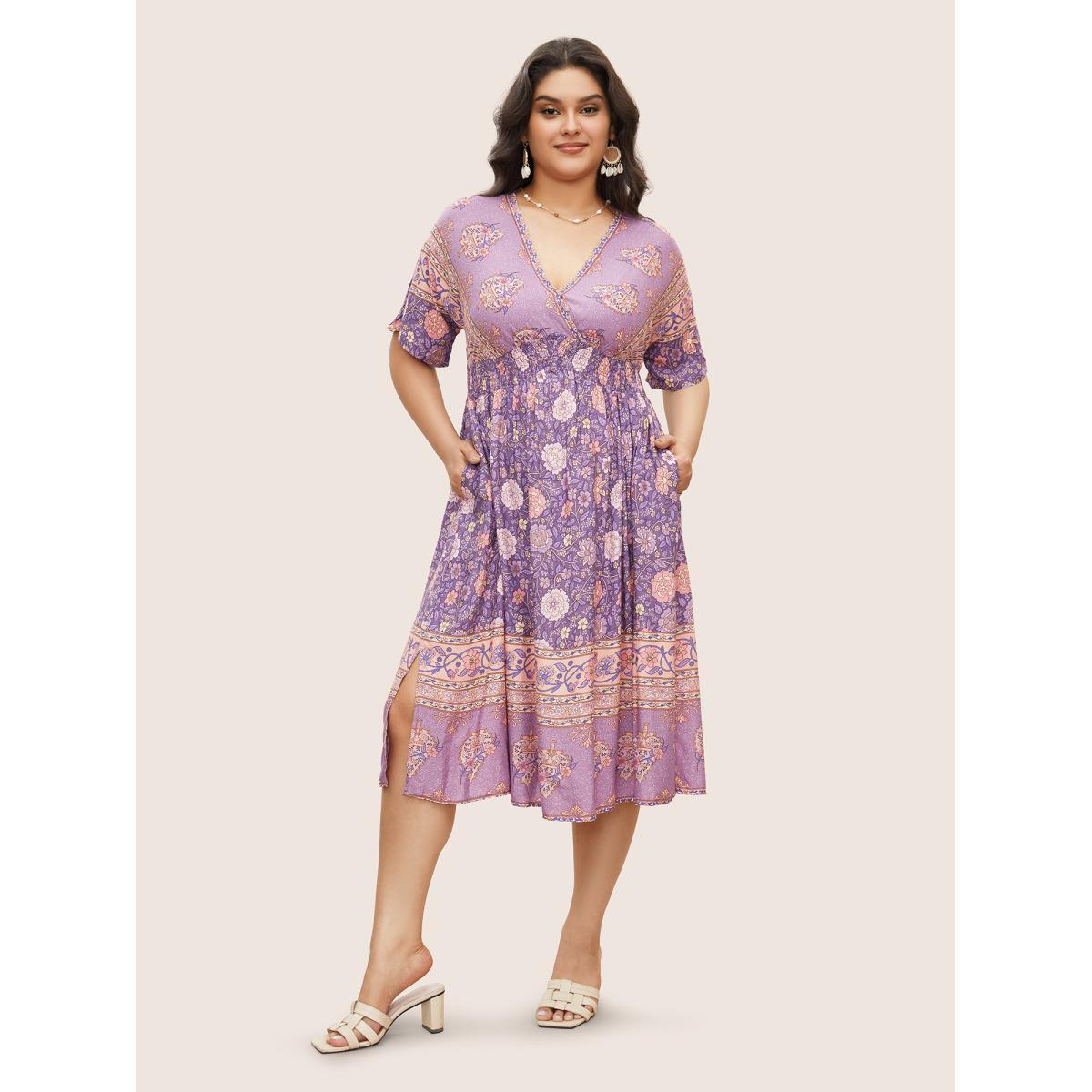 Plus Size Floral Dolman Sleeve Ruffles Shirred Split Hem Dress Mauve Women Resort Non V-neck Short sleeve Curvy Midi Dress BloomChic 22-24/3X Product Image