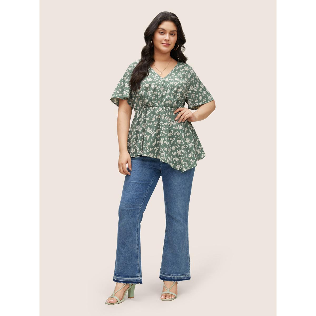 Plus Size Mint Ditsy Floral Elastic Waist Wrap Asymmetrical Hem Blouse Women Elegant Short sleeve Overlap Collar Everyday Blouses BloomChic 28/5X Product Image