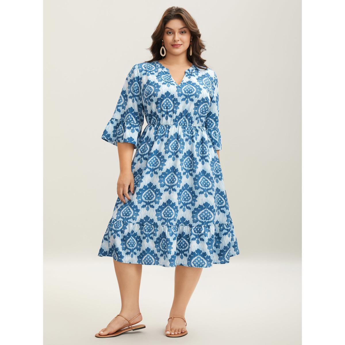 Plus Size Damask Pattern Ruffle Sleeve Midi Dress Mediumblue Women Flat collar with V-notch Elbow-length sleeve Curvy BloomChic 28/5X Product Image