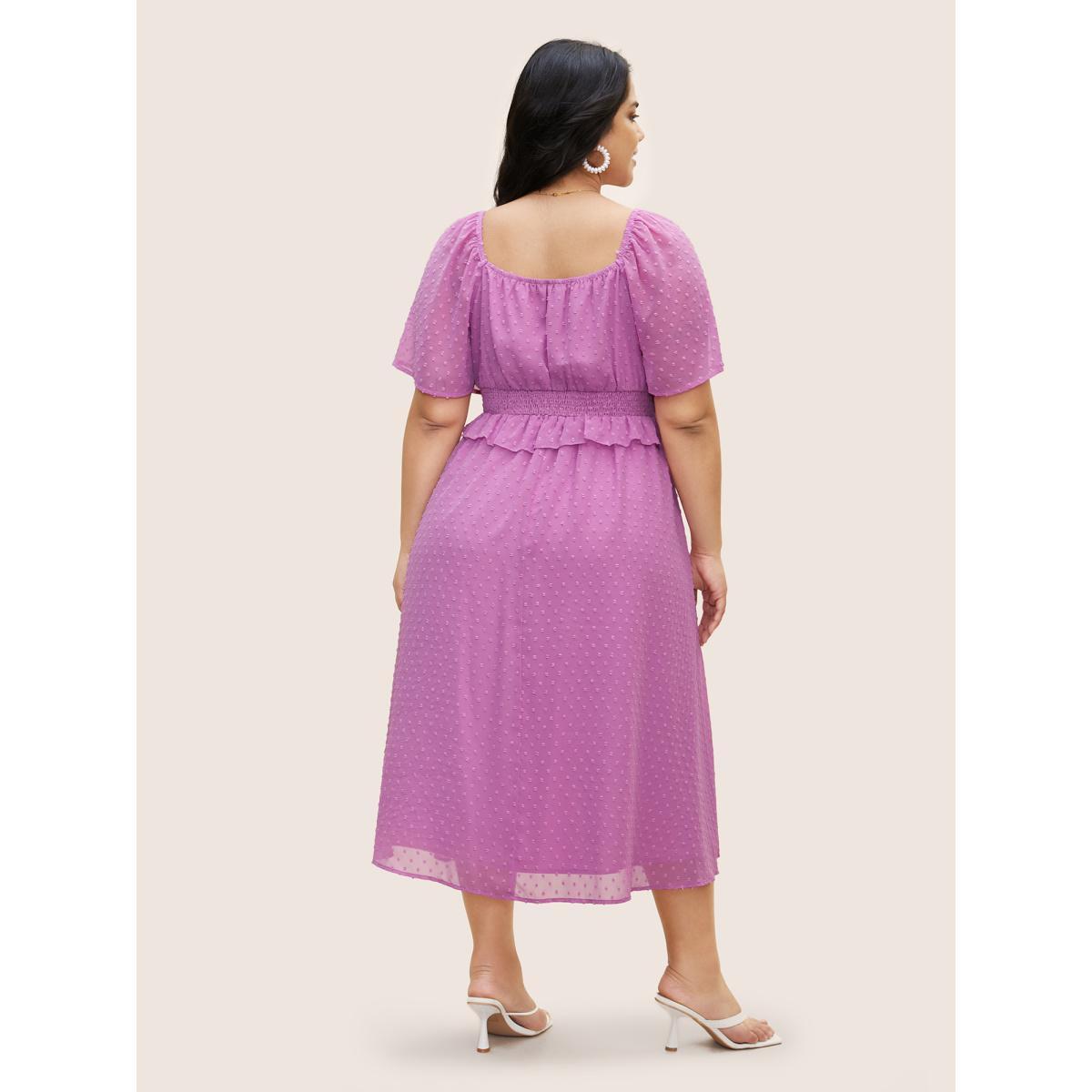 Plus Size Textured Ruffles Shirred Raglan Sleeve Dress RedViolet Women Elegant Texture Heart neckline Half Sleeve Curvy BloomChic 22-24/3X Product Image