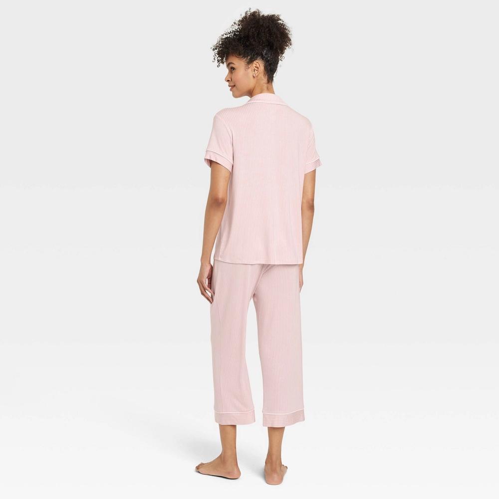 Women's Cloud Knit Short Sleeve Notch Collar Top and Cropped Pants Pajama Set - Auden™ /Striped XS: Modal Blend, Elastic Waistband Product Image