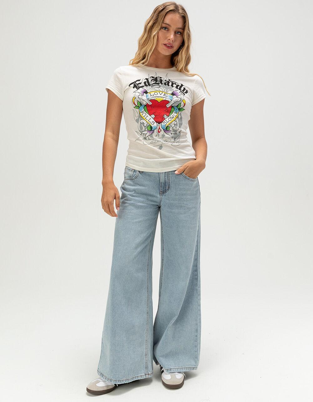 ED HARDY Love Kills Slowly Rhinestone Womens Fitted Tee - IVORY Product Image