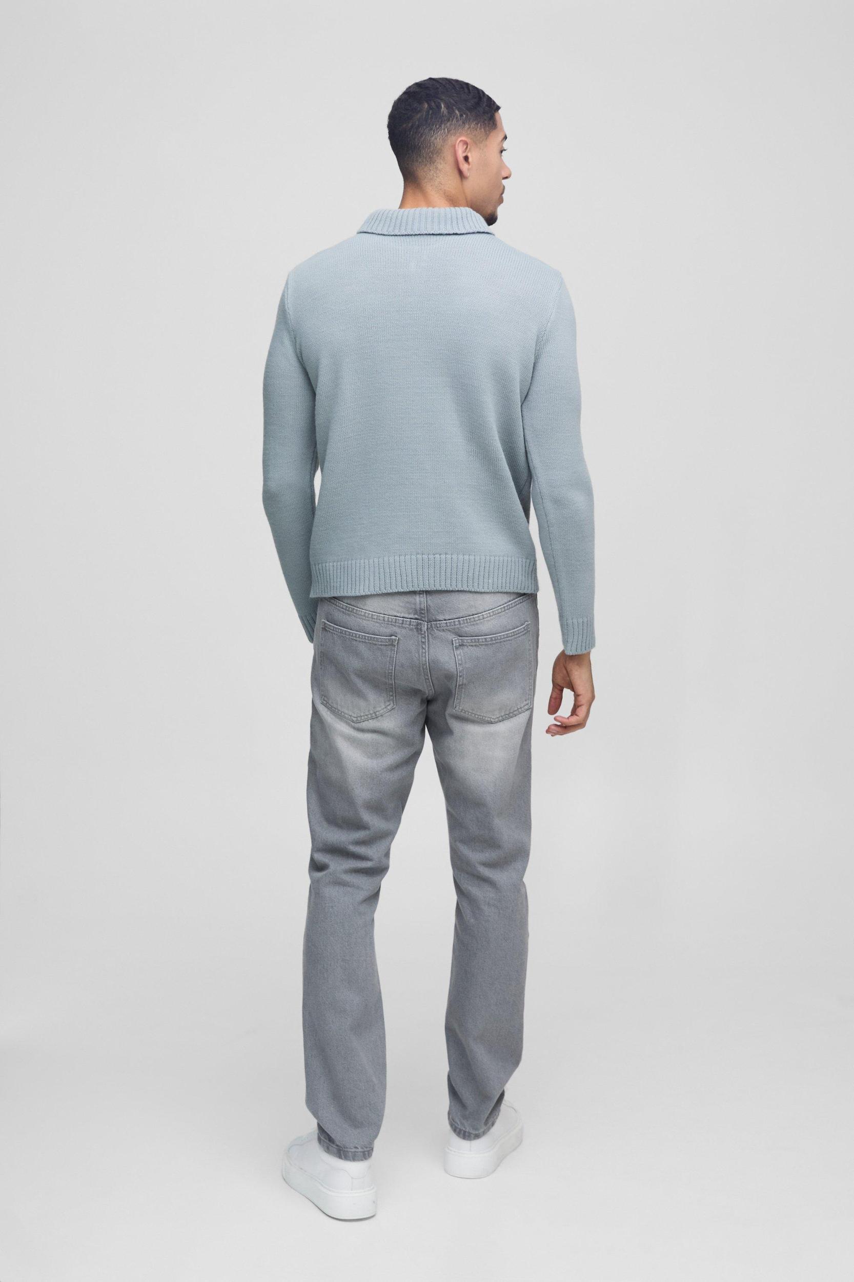Regular Fit Long Sleeve Zip Neck Knitted Polo | boohooMAN USA Product Image