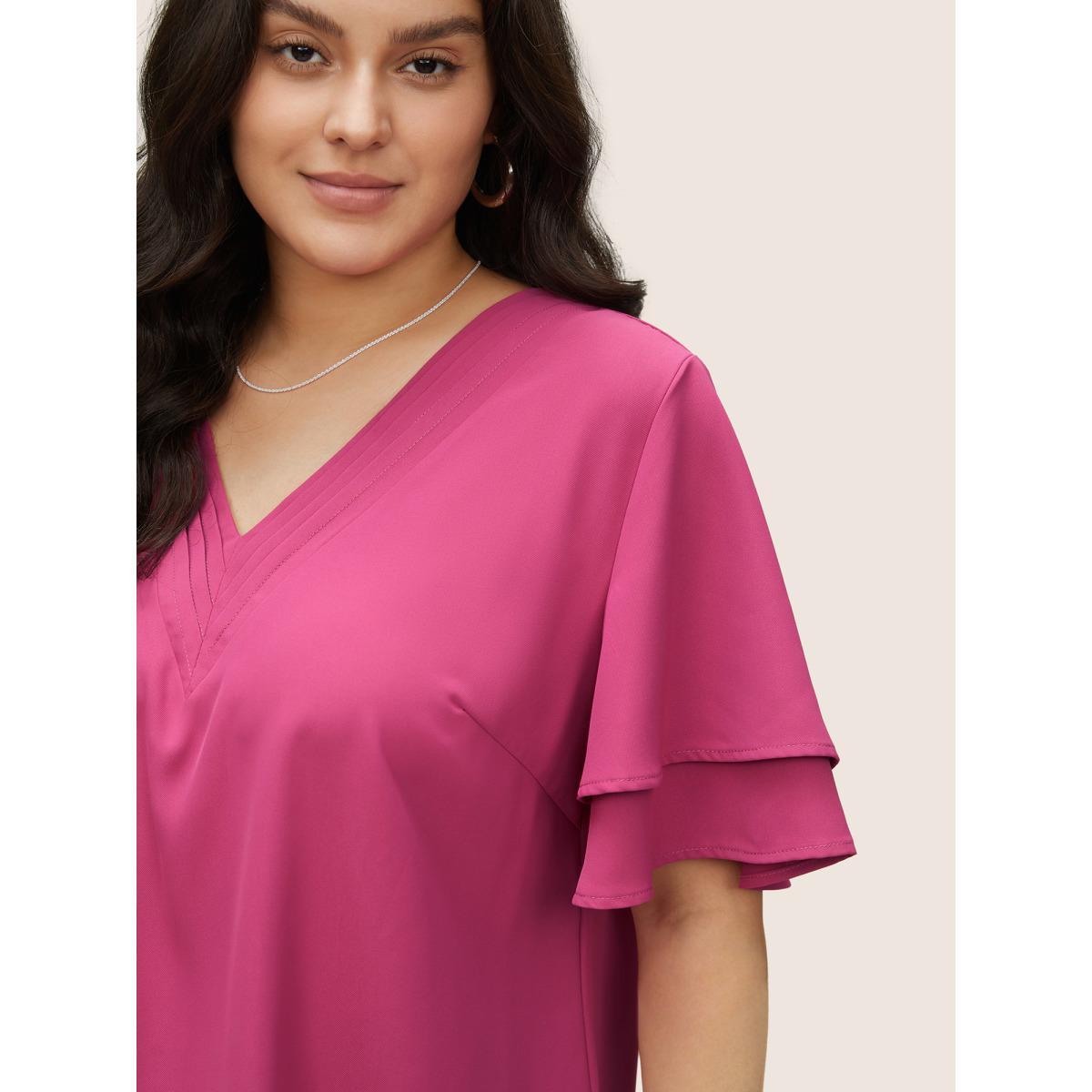 Plus Size RedViolet Anti-Wrinkle Pleated Tiered Flutter Sleeve Blouse Women Office Short sleeve V-neck Work Blouses BloomChic 12/L Product Image