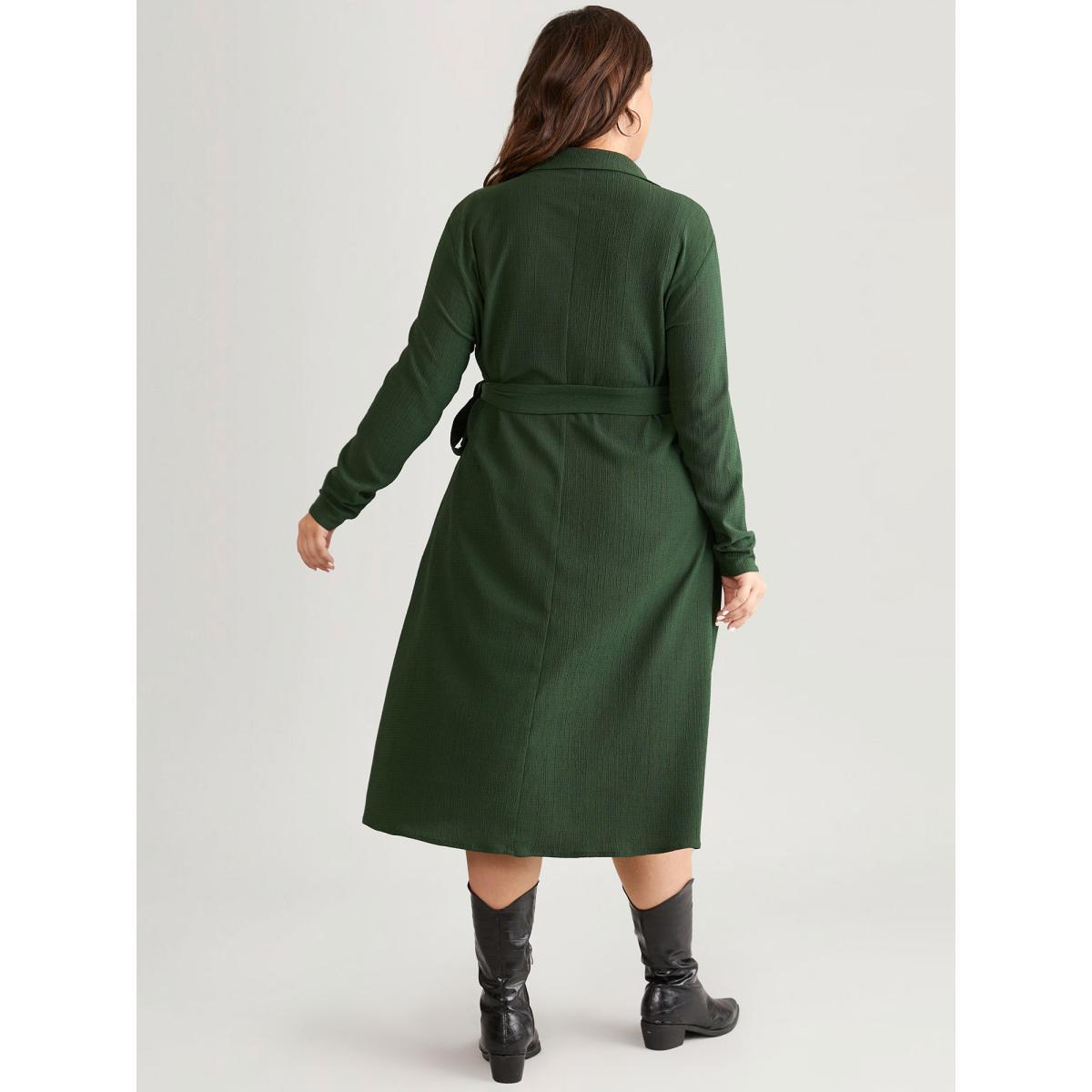 Plus Size Plisse Surplice Neck Bowknot Side Wrap Hem Dress ArmyGreen Women Casual Texture Overlap Collar Long Sleeve Curvy Midi Dress BloomChic 10/M Product Image