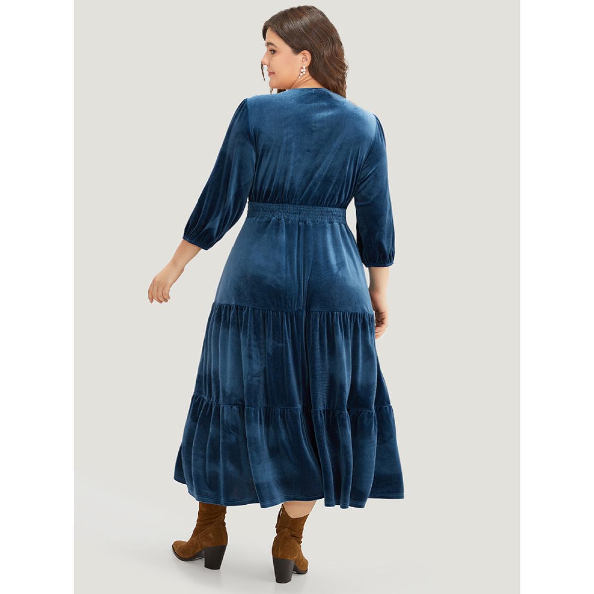 Plus Size Velvet Solid Notched Shirred Tiered Hem Dress Cerulean Women Vacation Elastic cuffs Notched collar Elbow-length sleeve Curvy Midi Dress BloomChic 30/6X Product Image