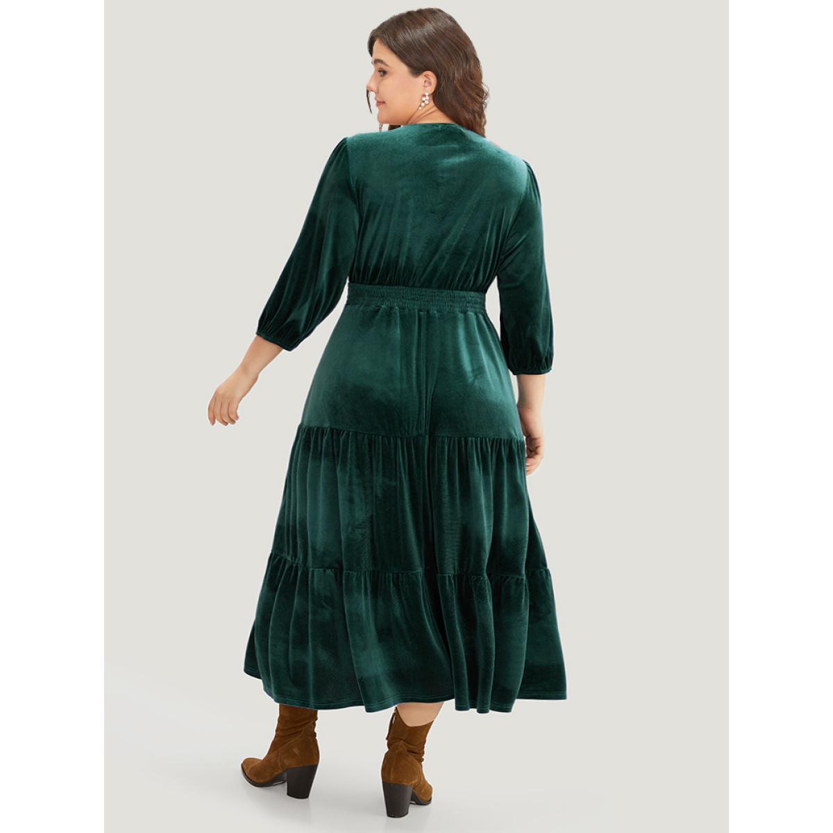 Plus Size Velvet Solid Notched Shirred Tiered Hem Dress DarkGreen Women Vacation Elastic cuffs Notched collar Elbow-length sleeve Curvy Midi Dress BloomChic 10/M Product Image