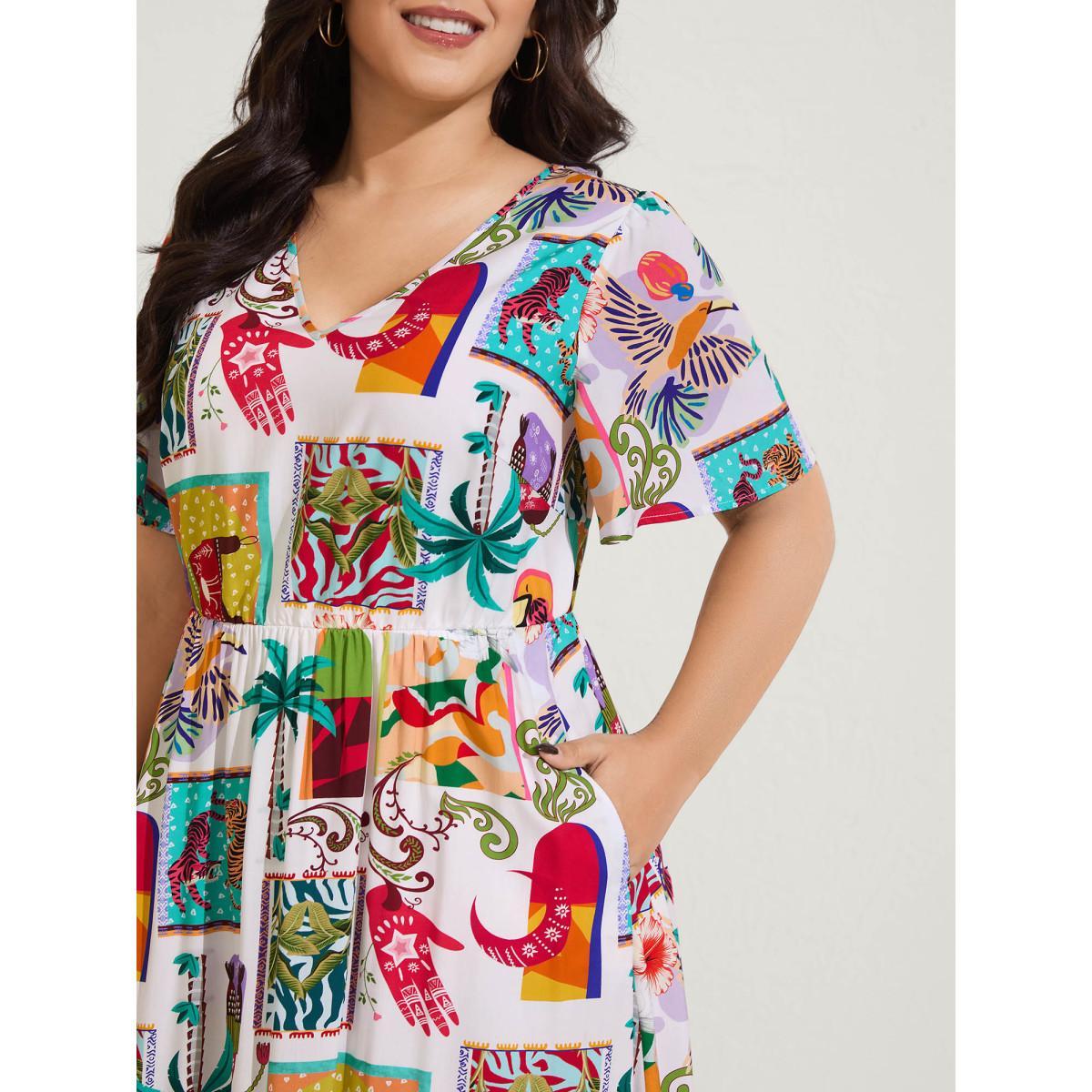 Plus Size Tropical Collage Print Pockets Midi Dress Multicolor Women V-neck Short sleeve Curvy BloomChic 18-20/2X Product Image