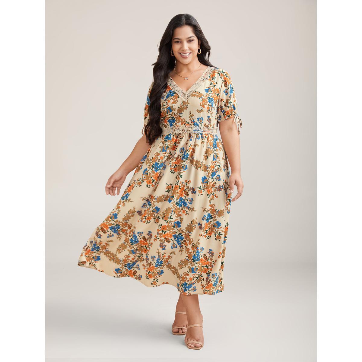 Plus Size Floral Pring Lace Detail Tied Midi Dress Apricot Women Elegant Woven ribbon&lace trim V-neck Short sleeve Curvy BloomChic 14-16/1X Product Image
