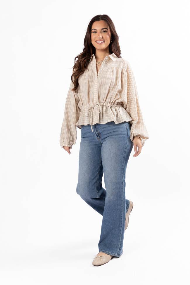 My Hands Are Tied Taupe Striped Drawstring Button Down Blouse SALE Product Image