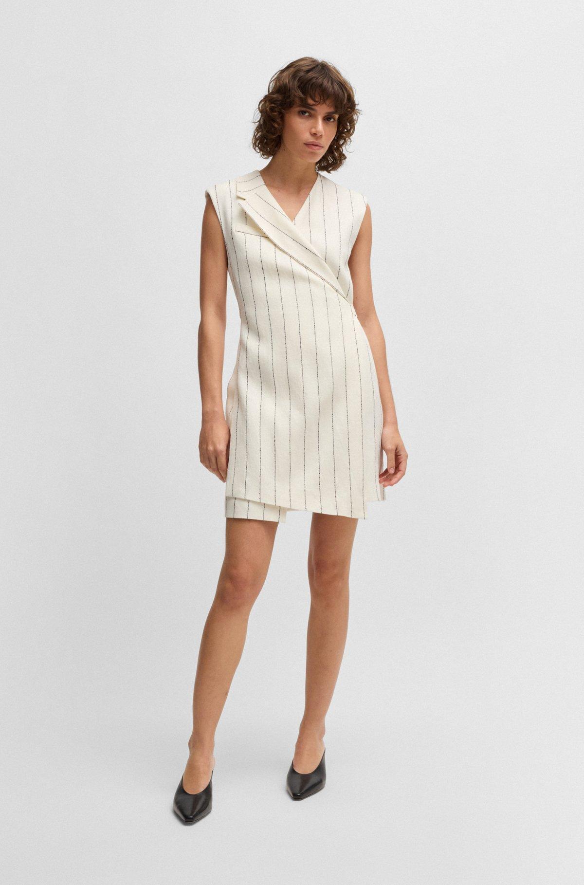 Wrap-front dress in a pinstripe linen blend Product Image