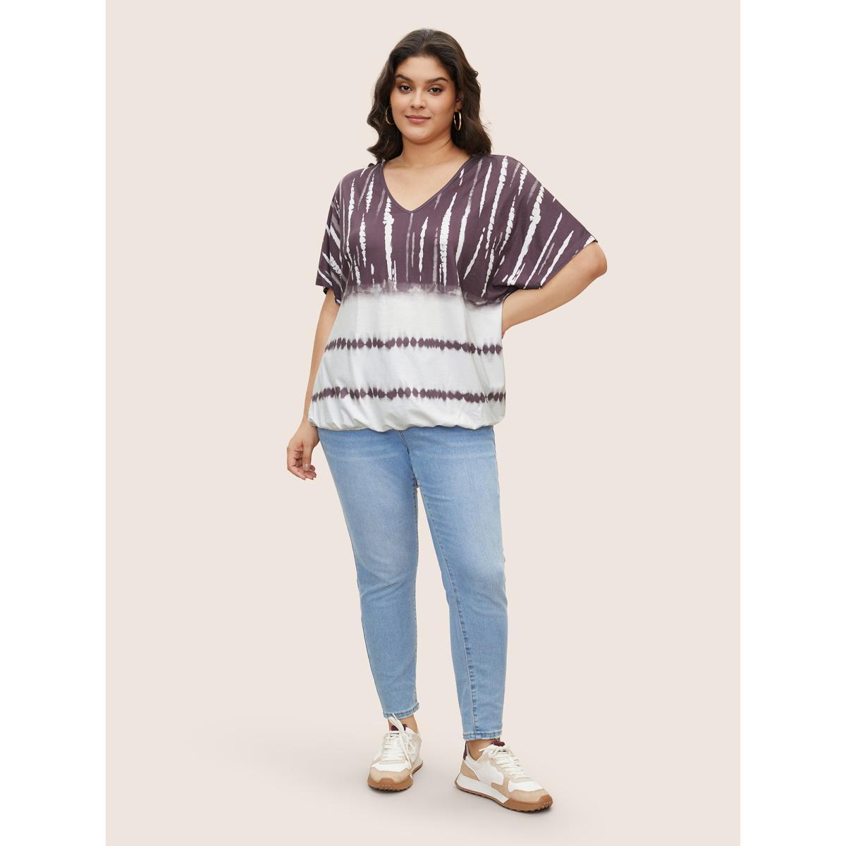 Plus Size Tie Dye Batwing Sleeve T-shirt Mauve Women Casual Tie Dye V-neck Everyday T-shirts BloomChic 14-16/1X Product Image