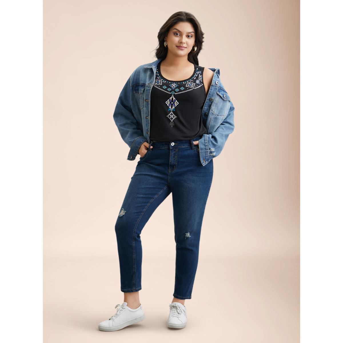 Plus Size Boho Print Stretchy Round Neck Vest Women Black Casual Non Round Neck Everyday Tank Tops Camis BloomChic 30/6X Product Image