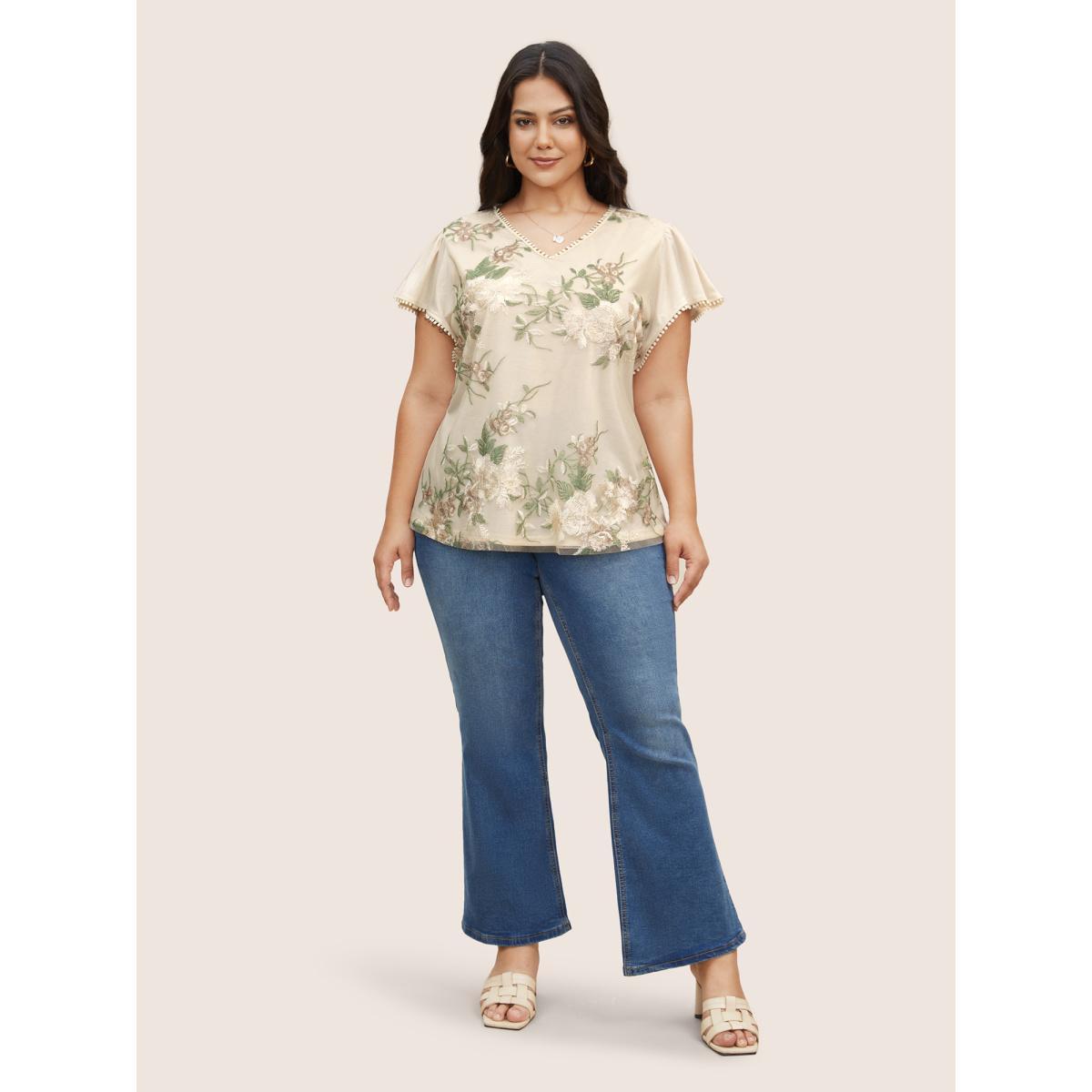 Plus Size Floral Mesh Embroidered Pompom Trim T-shirt Beige Women Elegant Contrast Natural Flowers V-neck Everyday T-shirts BloomChic 22-24/3X Product Image