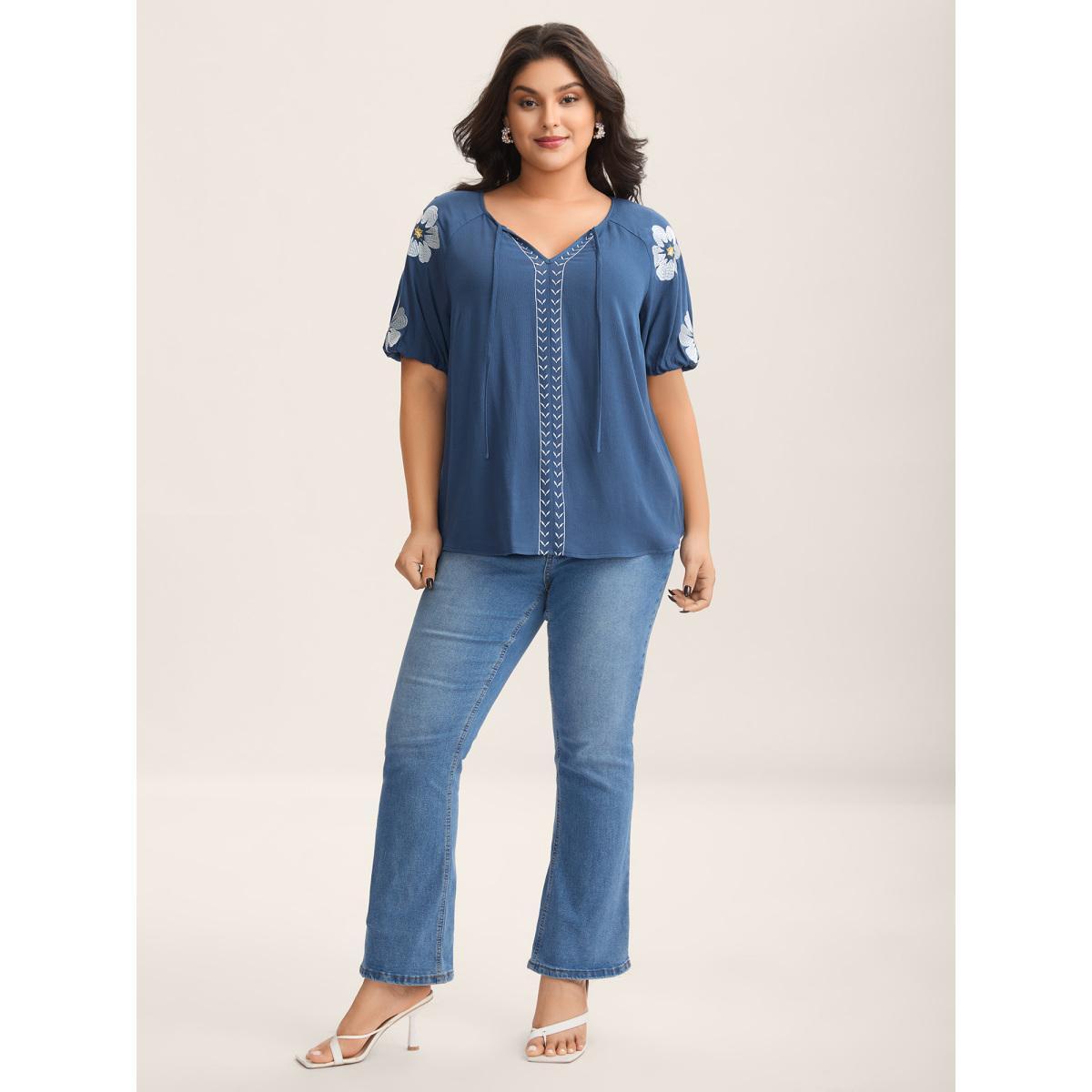 Plus Size DarkBlue Floral Embroidery Textured Neck Tie Blouse Women Half Sleeve Flat collar with V-notch Everyday-Elegant Blouses BloomChic 30/6X Product Image