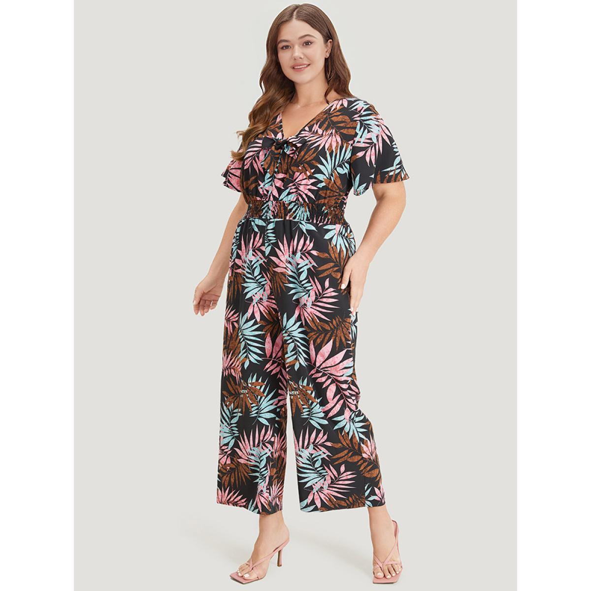 Plus Size Black Tropical Print Knot Neck Shirred Wrap Jumpsuit Women Elegant Short sleeve Tie Neck Dailywear Loose Jumpsuits BloomChic 30/6X Product Image