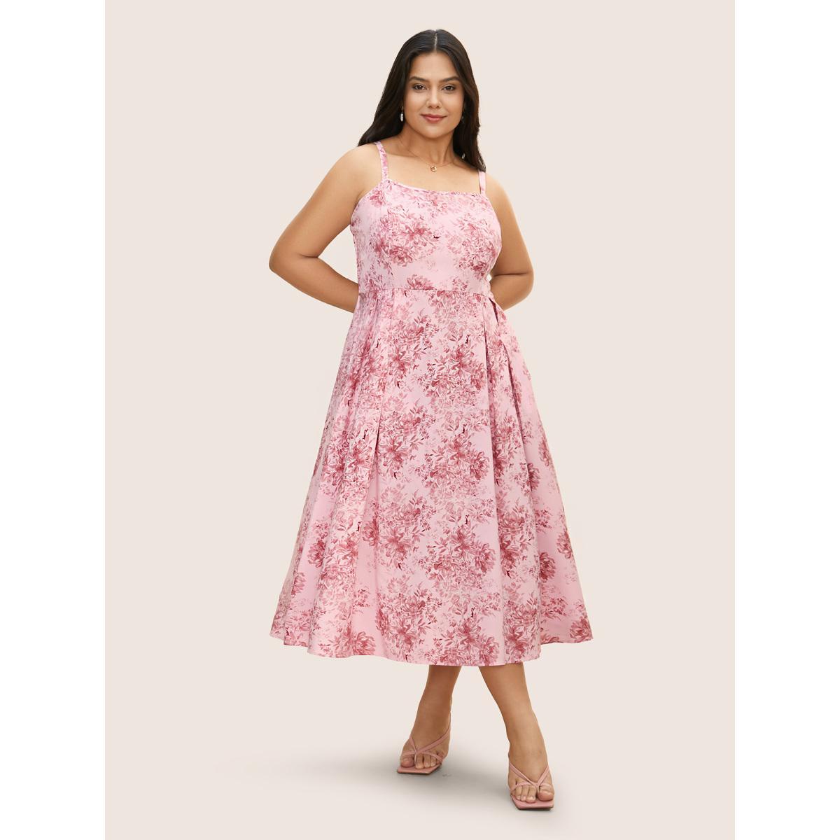 Plus Size Floral Print Pleated Shirred Midi Dress Crepe Women Elegant Shirred Non Sleeveless Curvy BloomChic 30/6X Product Image