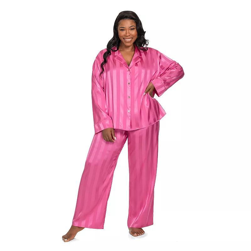 Plus Size Lilac+London Satin Notch Collar Pajama Top & Pajama Bottoms Set, Women's, Size: 1XL, Black Product Image