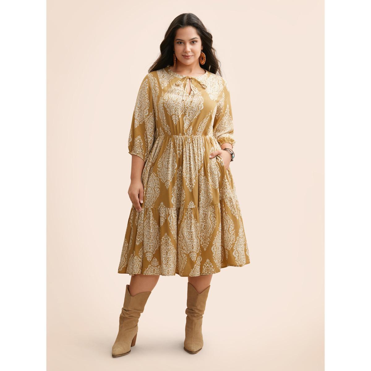 Plus Size Damask Print Tie Knot Puff Sleeve Dress Burgundy Women Resort Tie knot V-neck Elbow-length sleeve Curvy BloomChic 28/5X Product Image