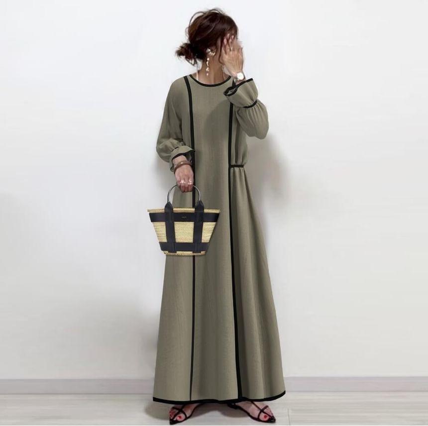 Long Sleeve Round Neck Contrast Color Trim Maxi Dress Product Image