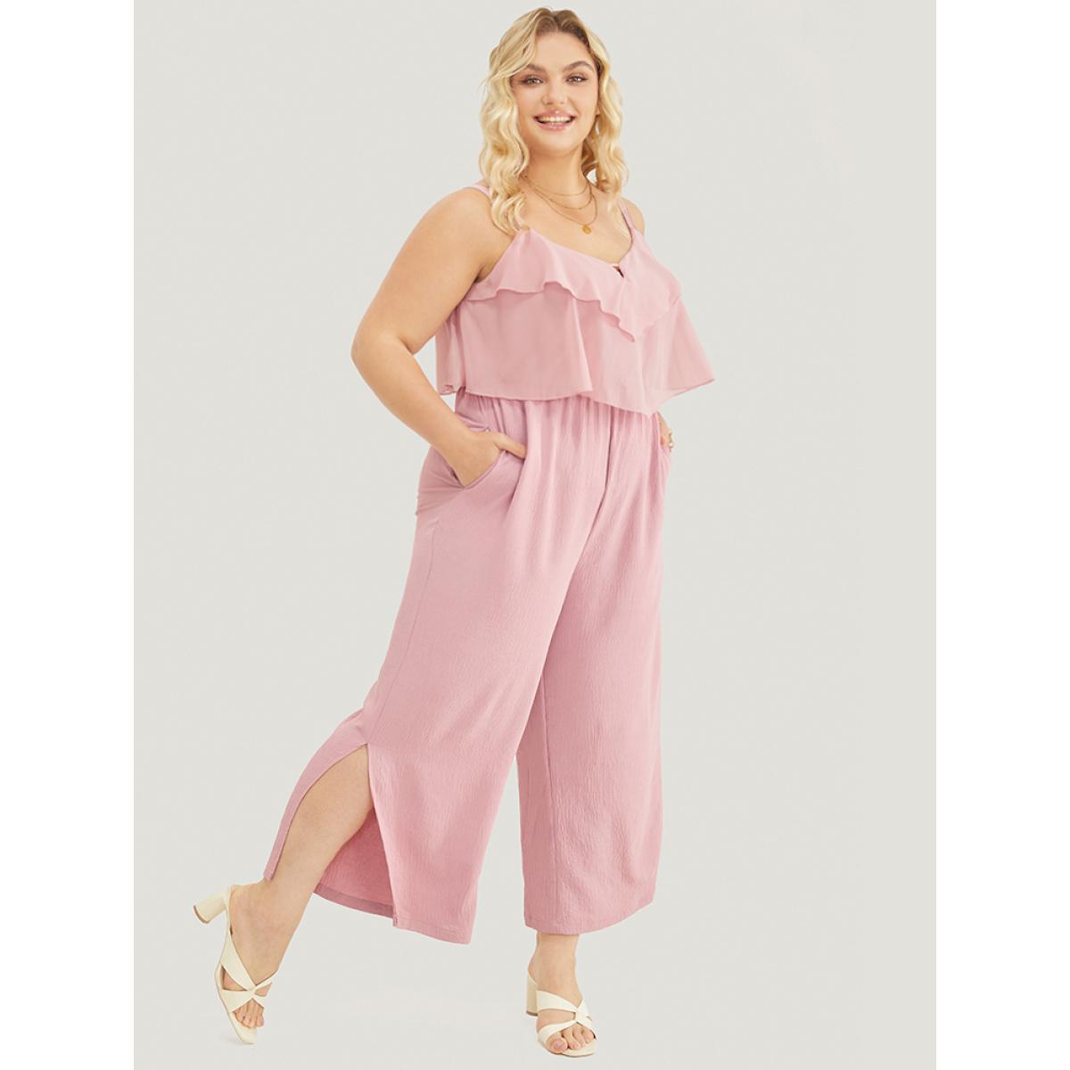 Plus Size MistyRose Solid Ruffle Trim Pocket Split Hem Keyhole Cami Jumpsuit Women Elegant Sleeveless Spaghetti Strap Dailywear Loose Jumpsuits BloomChic 28/5X Product Image