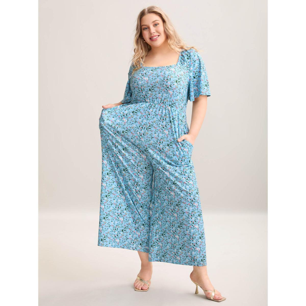 Plus Size Stone Floral Print Square Neck Knit Jumpsuit Women Elegant Short sleeve Square Neck Everyday-Elegant Loose Jumpsuits BloomChic 28/5X Product Image