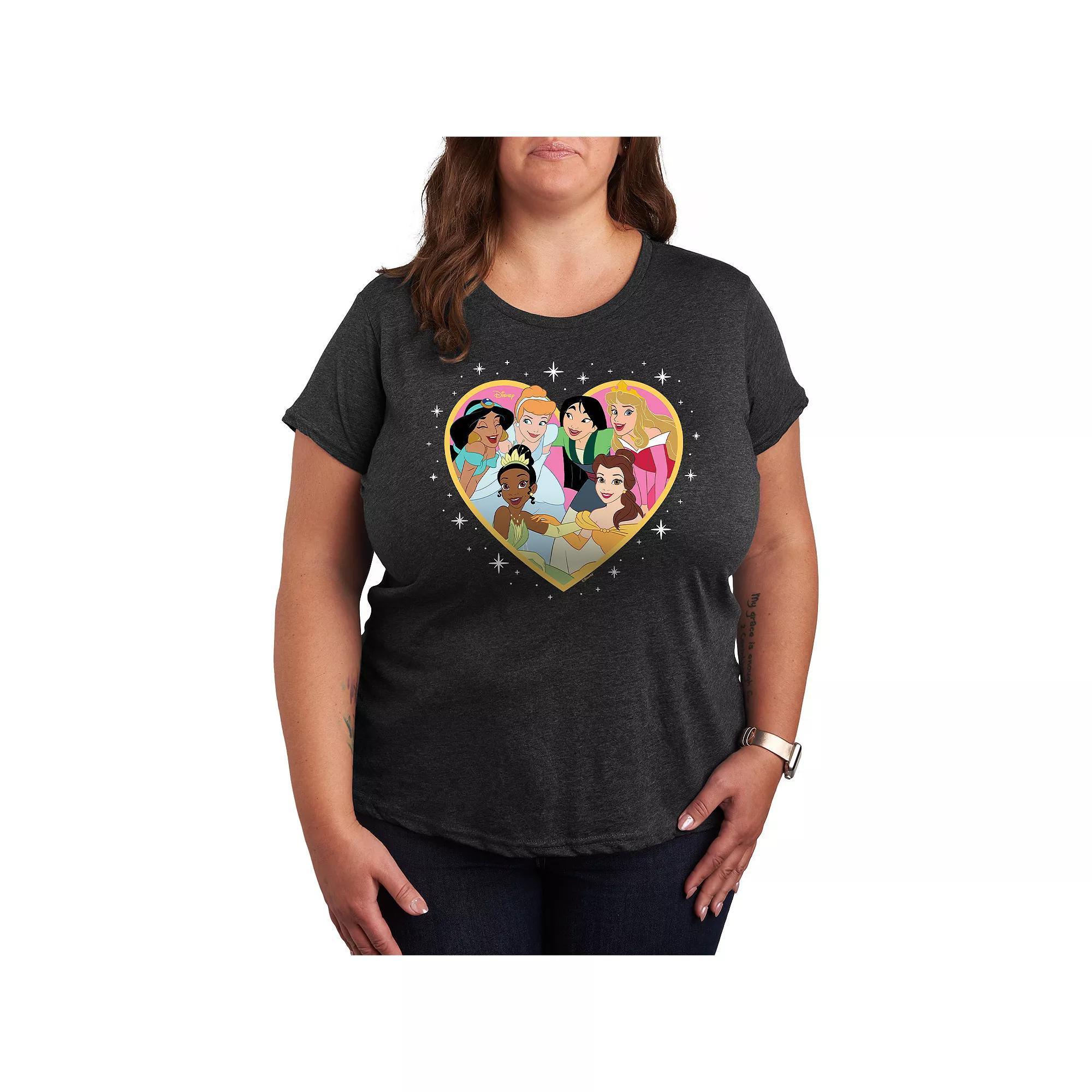 Disney Princess Plus Size Group Heart Graphic Tee, Womens Heather Grey Product Image