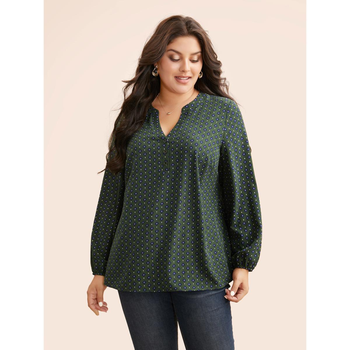 Plus Size ArmyGreen Notched Geometric Button Up Blouse Women At the Office Extra Long Sleeve Notched collar Work Blouses BloomChic 12/L Product Image