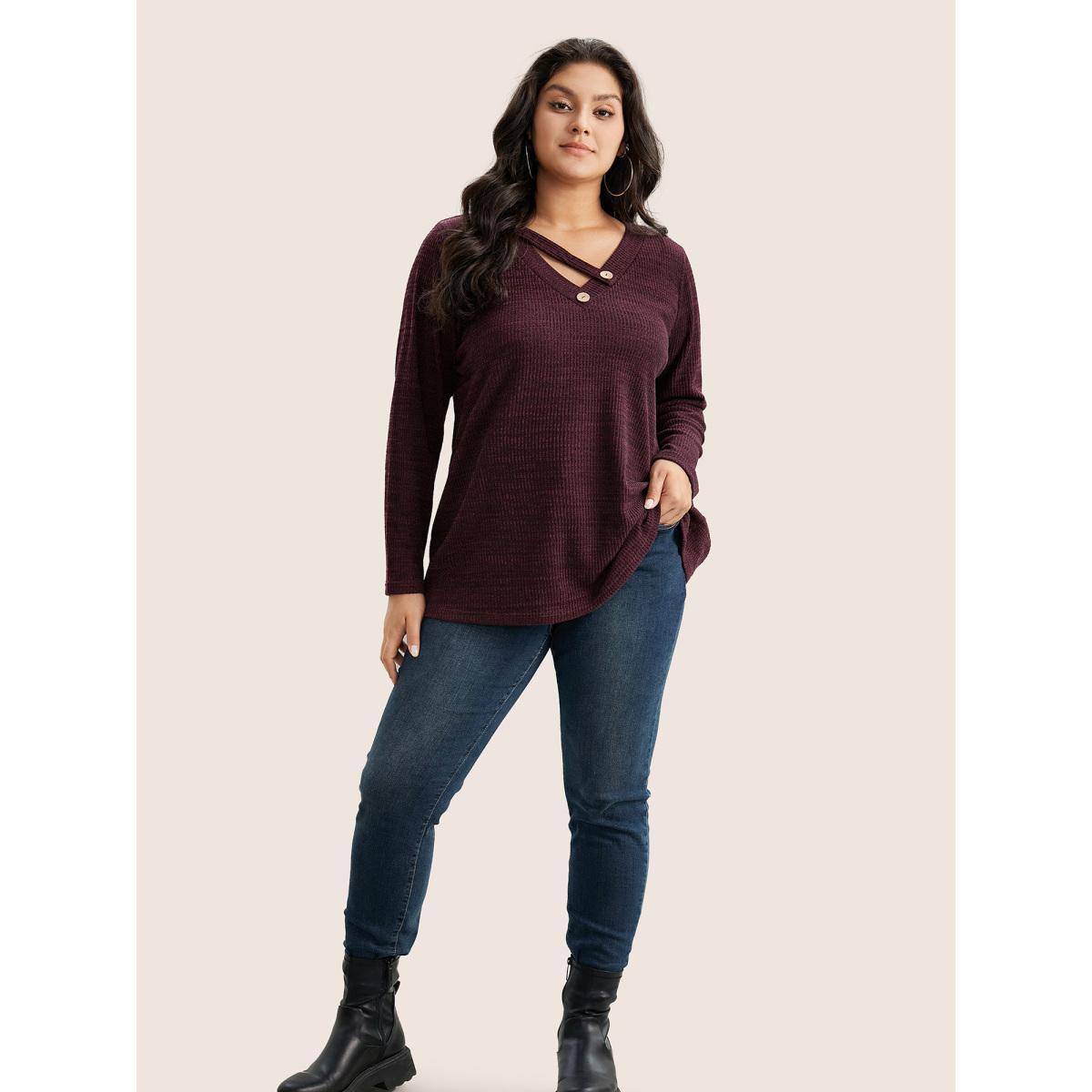 Plus Size Solid Rib Knit Button Detail T-shirt Red Women Casual Non Plain V-neck Everyday T-shirts BloomChic 22-24/3X Product Image
